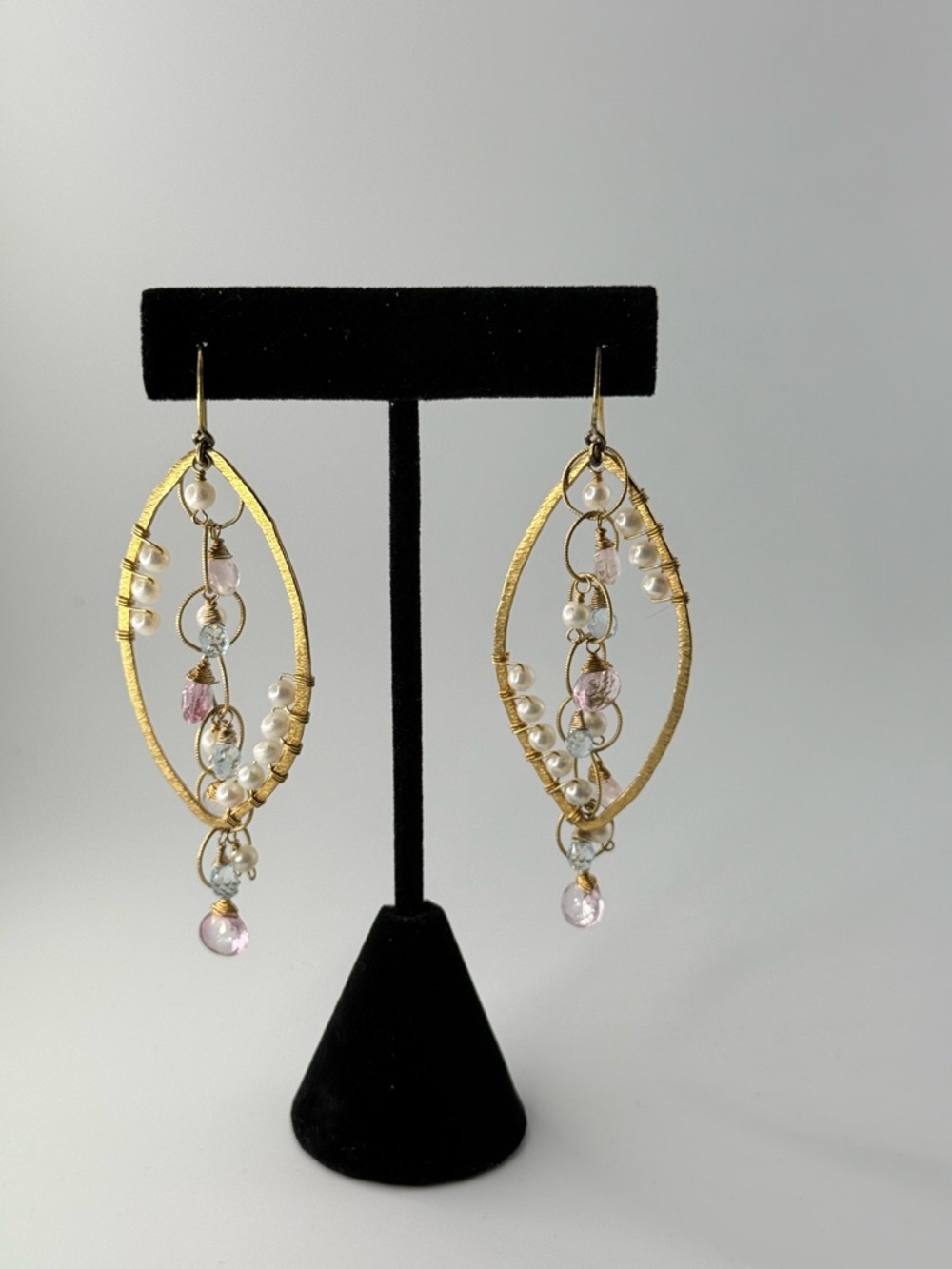 Gold Teardrop Hoop Earrings with Pink and Pearl Beads